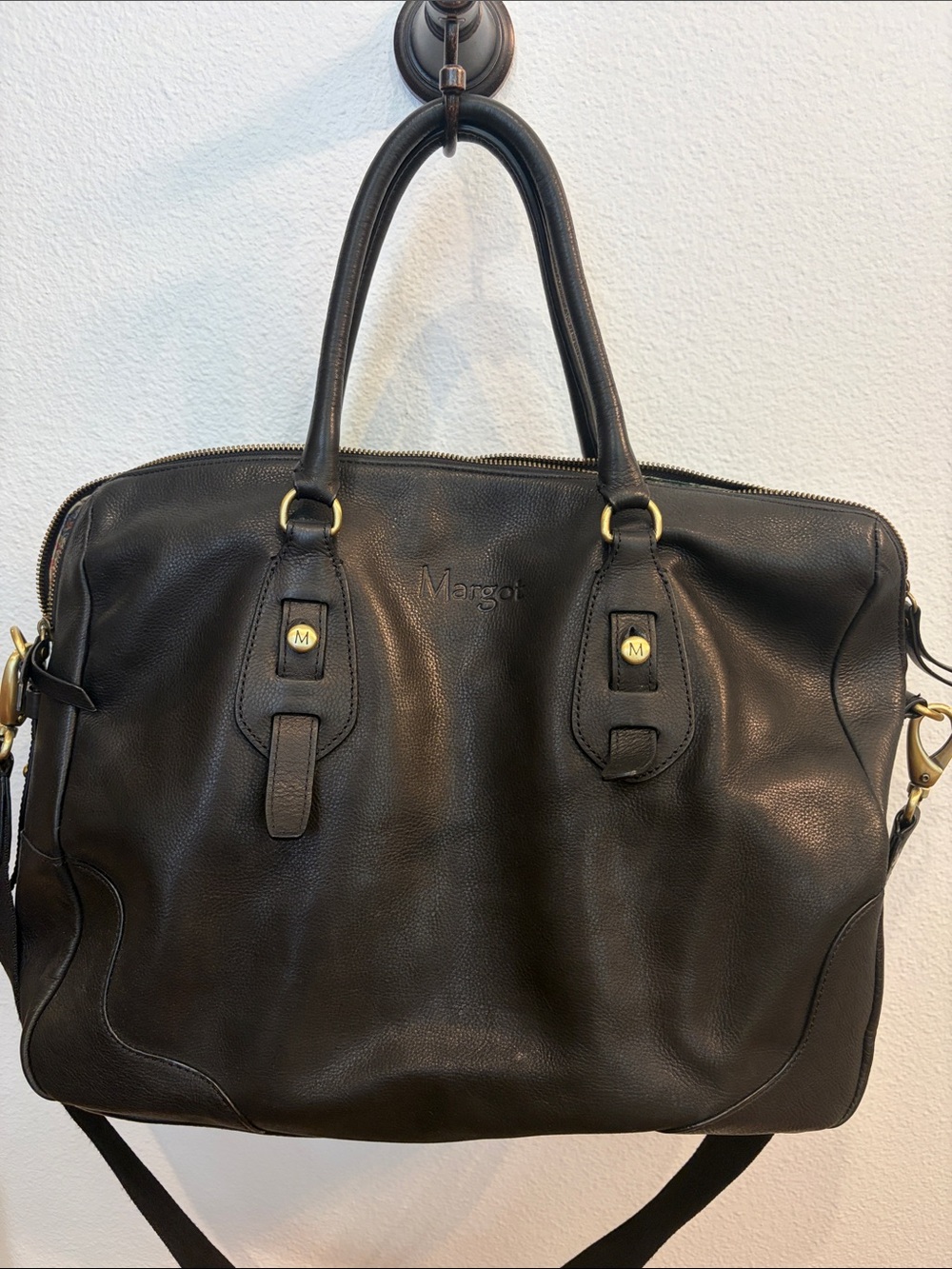 margot Black Leather Laptop Tote with Shoulder Strap
